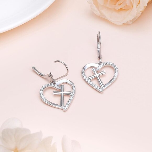 Women 925 Sterling silver Retro Cross Heart Drop Dangle Stud  🆕Women\'s Cross Heart Sterling Silver Heart Dangle Drop Stud Earrings